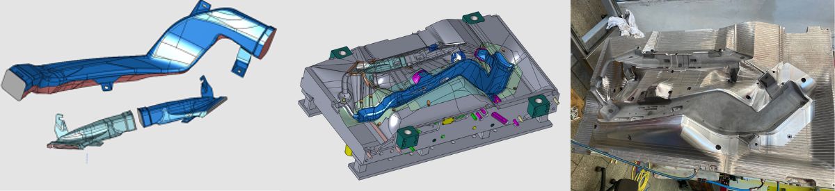 Ukázka z projektu vyfukovací formy na tři různé díly zpracované v CAD/CAM Cimatron.